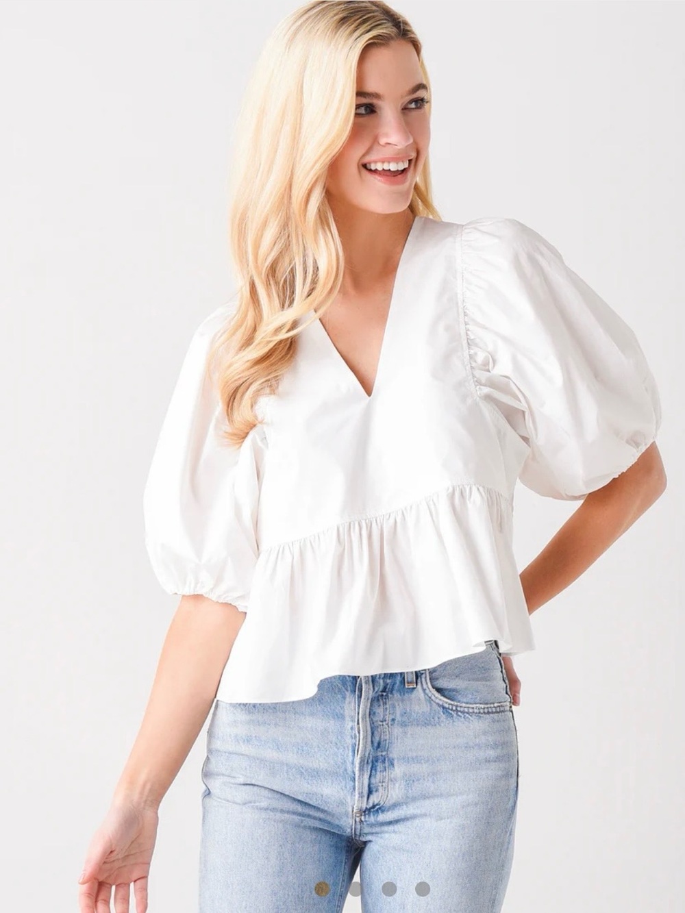 HUNTER BELL White V-Neck Puff Sleeve Peplum Blouse